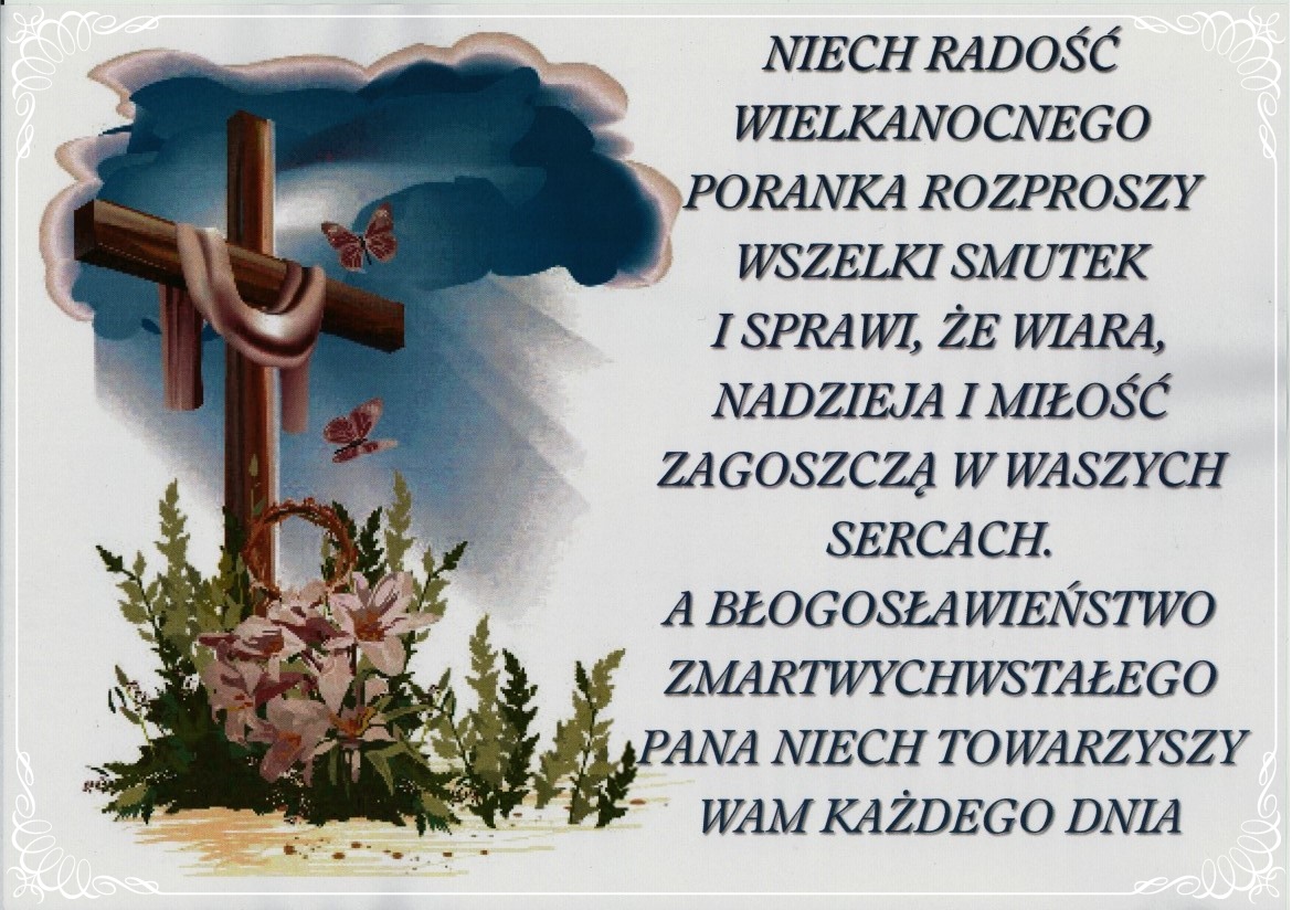 Kartka z krzyżem i życzeniami na Zmartwychwstanie Pańskie